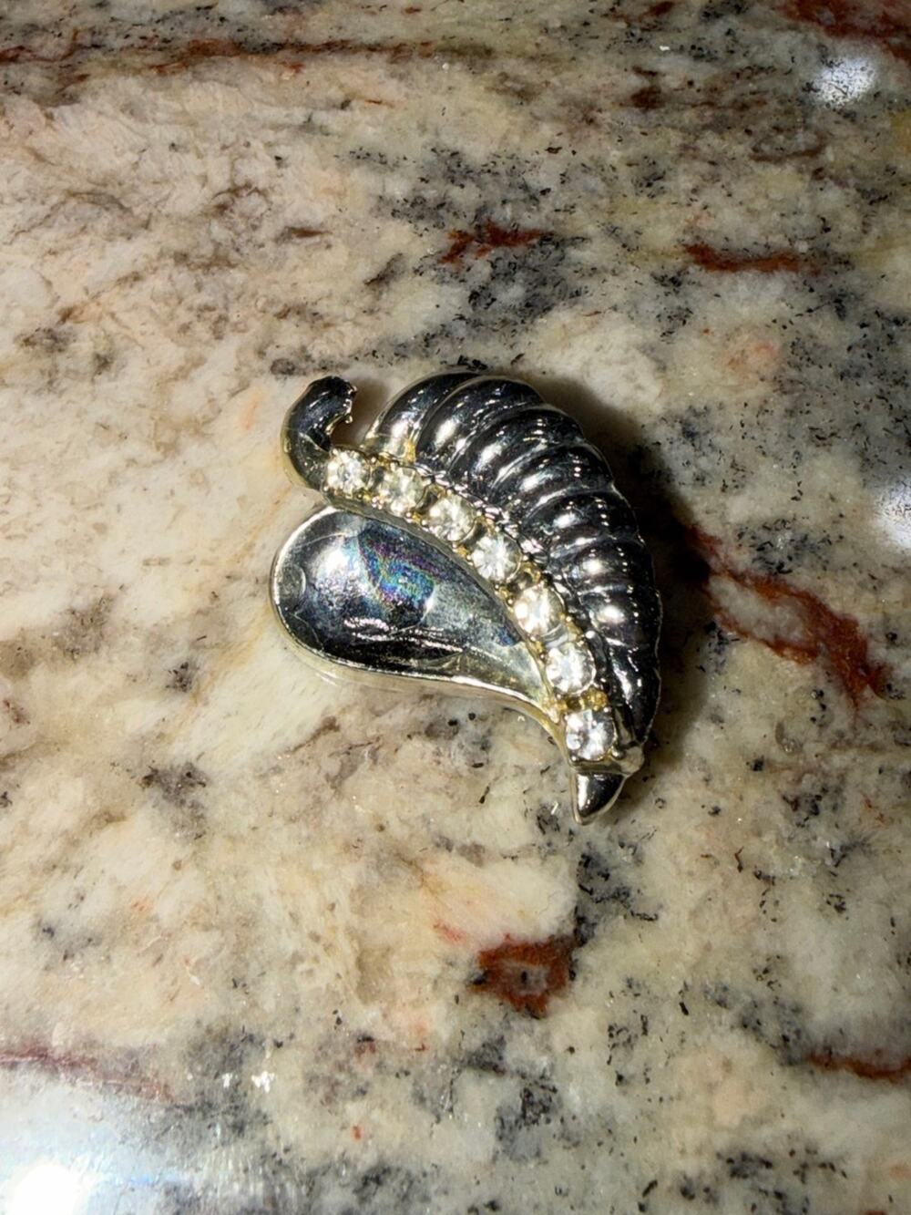 Vintage Silver-Tone Rhinestone Leaf Brooch Pin